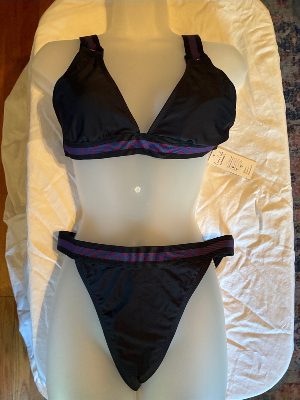 Cupshe Black Triangle Bikini with Purple and Pink Trim